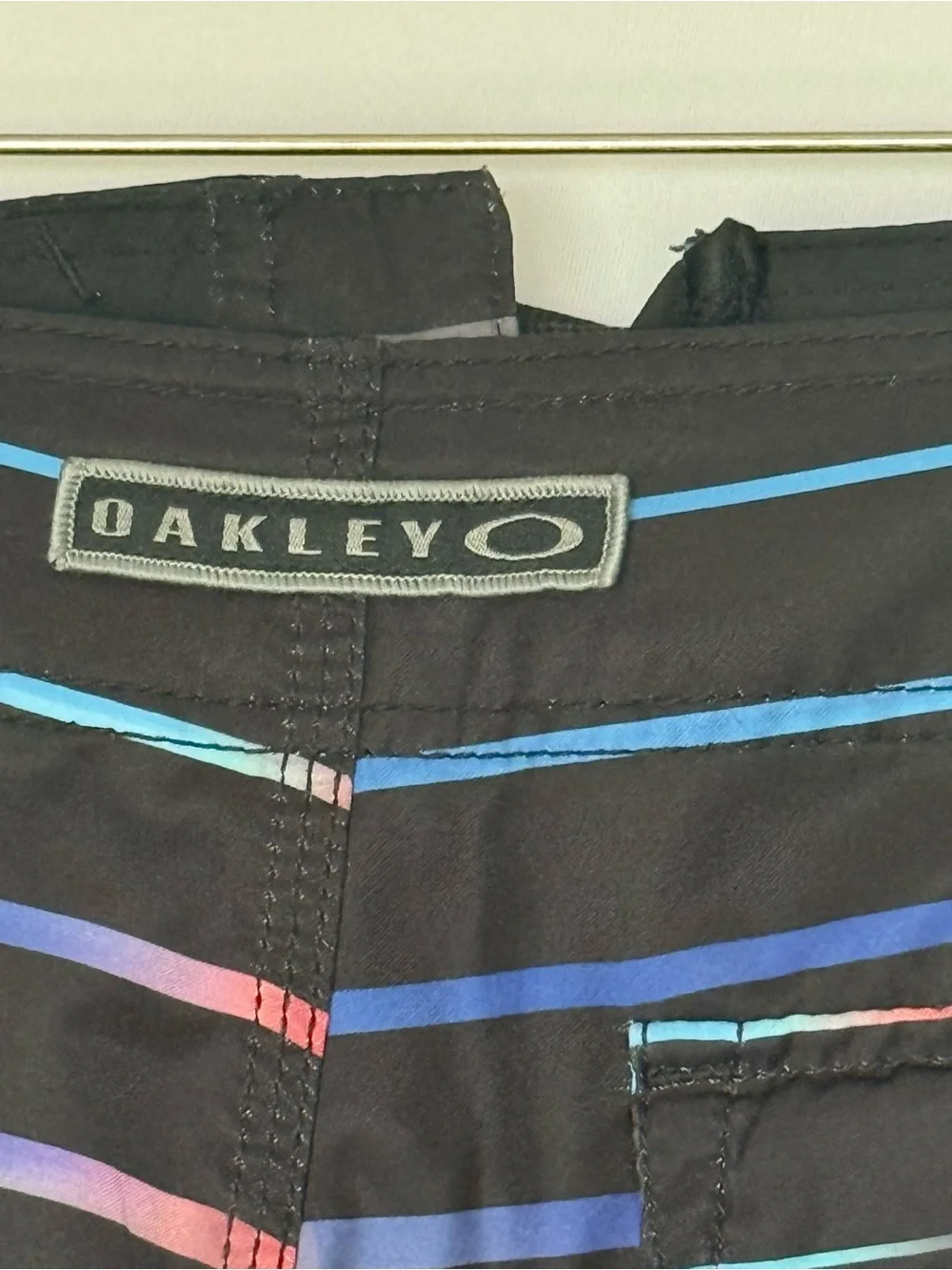 Oakley Black Boardshorts with Rainbow Gradient Stripes Y2K 21”